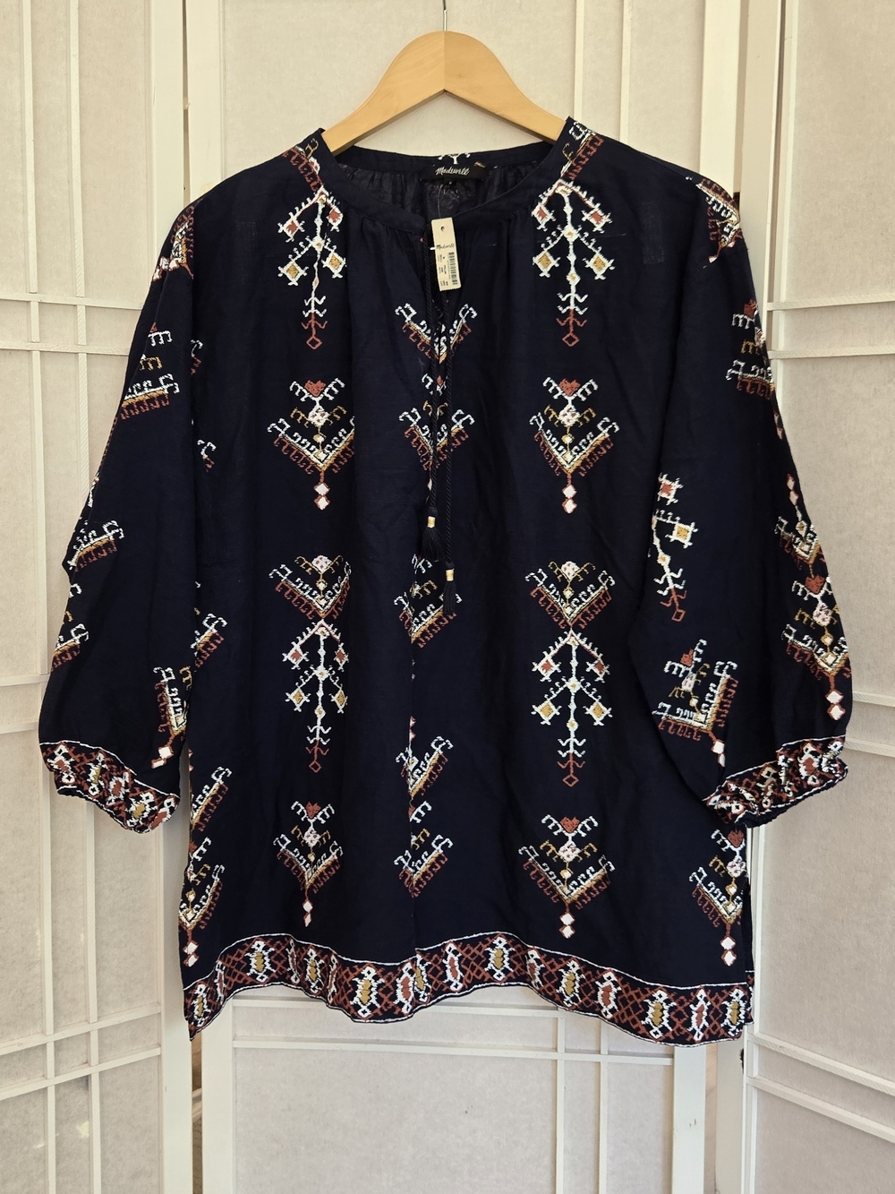 Madewell Navy Blue Peasant Tunic with Rust and Cream Accents